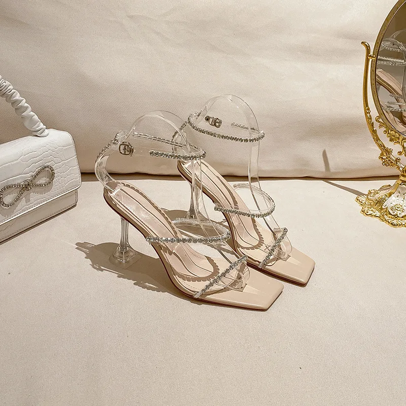 

2023 New Summer Rhinestone Wine Glass with Transparent One-word Belt High-heeled Shoes to Wear High-heeled Sandals