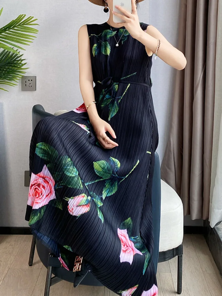 Женское плиссированное платье LANMREM до середины икры с высокой талией и круглым