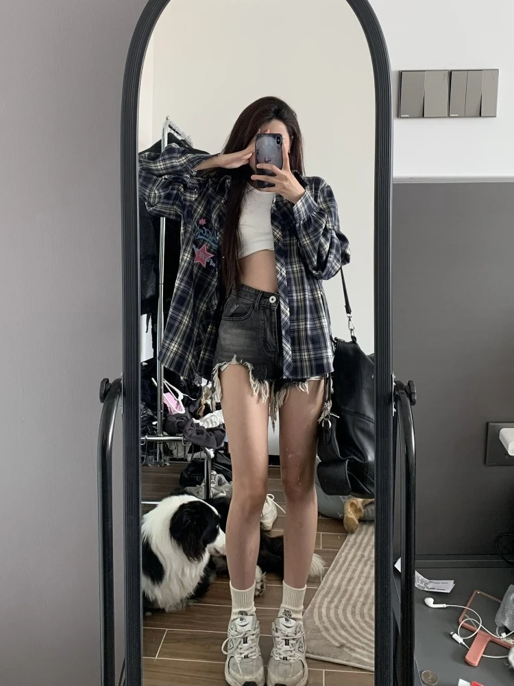 Женская винтажная клетчатая рубашка с длинным рукавом и вышивкой Y2k