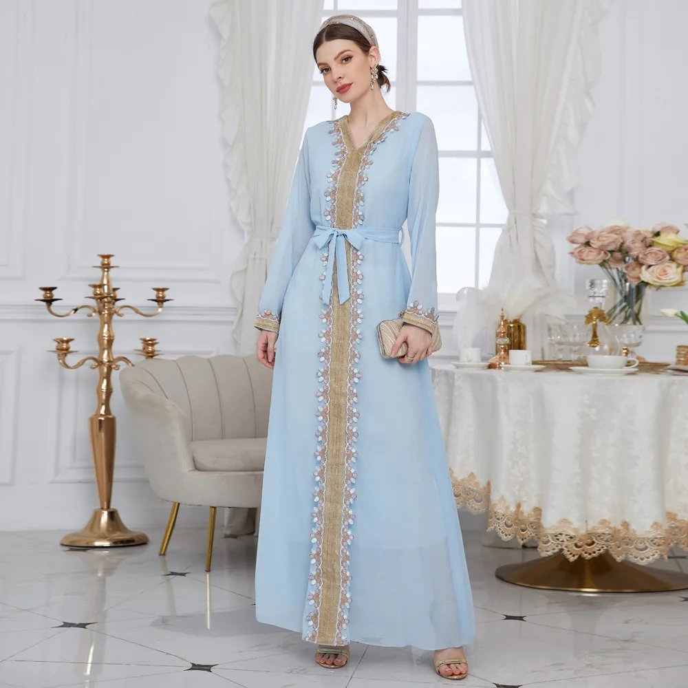 

New musilim caftan dresses musilm women dress islamic Chiffon Embroidery solid morrocan kaftan dress caftan marocain femme