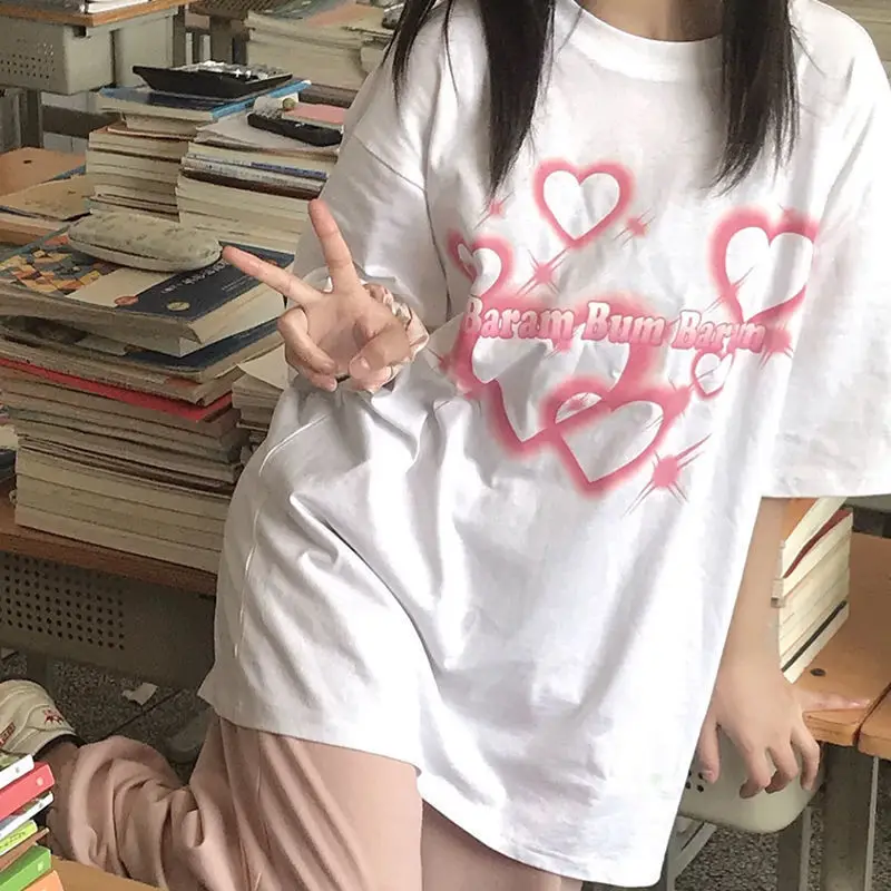 

Casual Streetwear Heart Shape Printed pink kawaii T Shirt Women 2022 Spring Summer Fashion Ladies Basic O-Neck Short Sleeve Tees