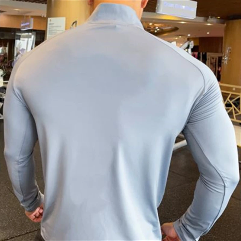 Men's Patchwork Fitness Sweatshirts With Zipper Elastic Shrink Quick Dry Thin Long Sleeve Sports Tops Autumn Casual Sportwear