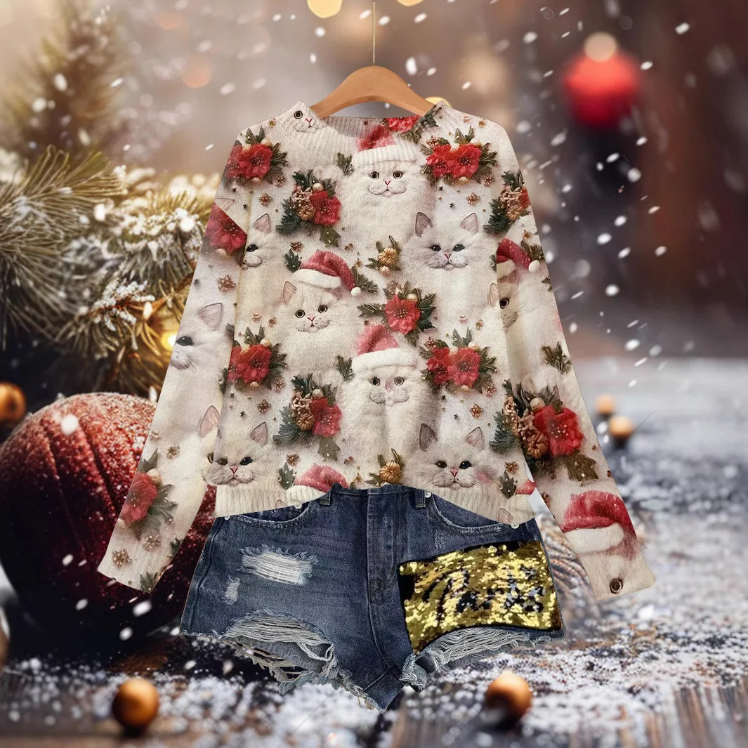 Рождественский вязаный пуловер с котом свитер для женщин круглый вырез длинный