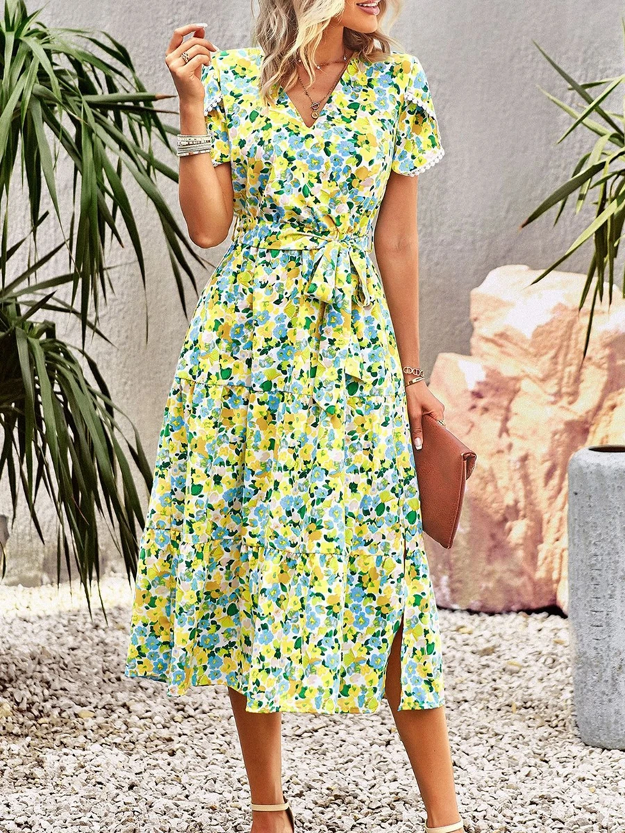 

Женское летнее пляжное кружевное платье миди с коротким рукавом и цветочным принтом, платье-трапеция с запахом, V-образным вырезом и разрезом спереди
