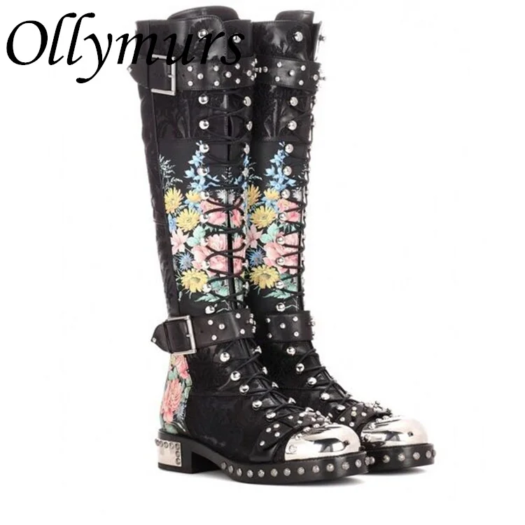 

Ollymurs New 2023 Autumn Winter Printed Leather Boots Gladitaor Lace Up Knee High Motocycle Flats Boots Shoes Women