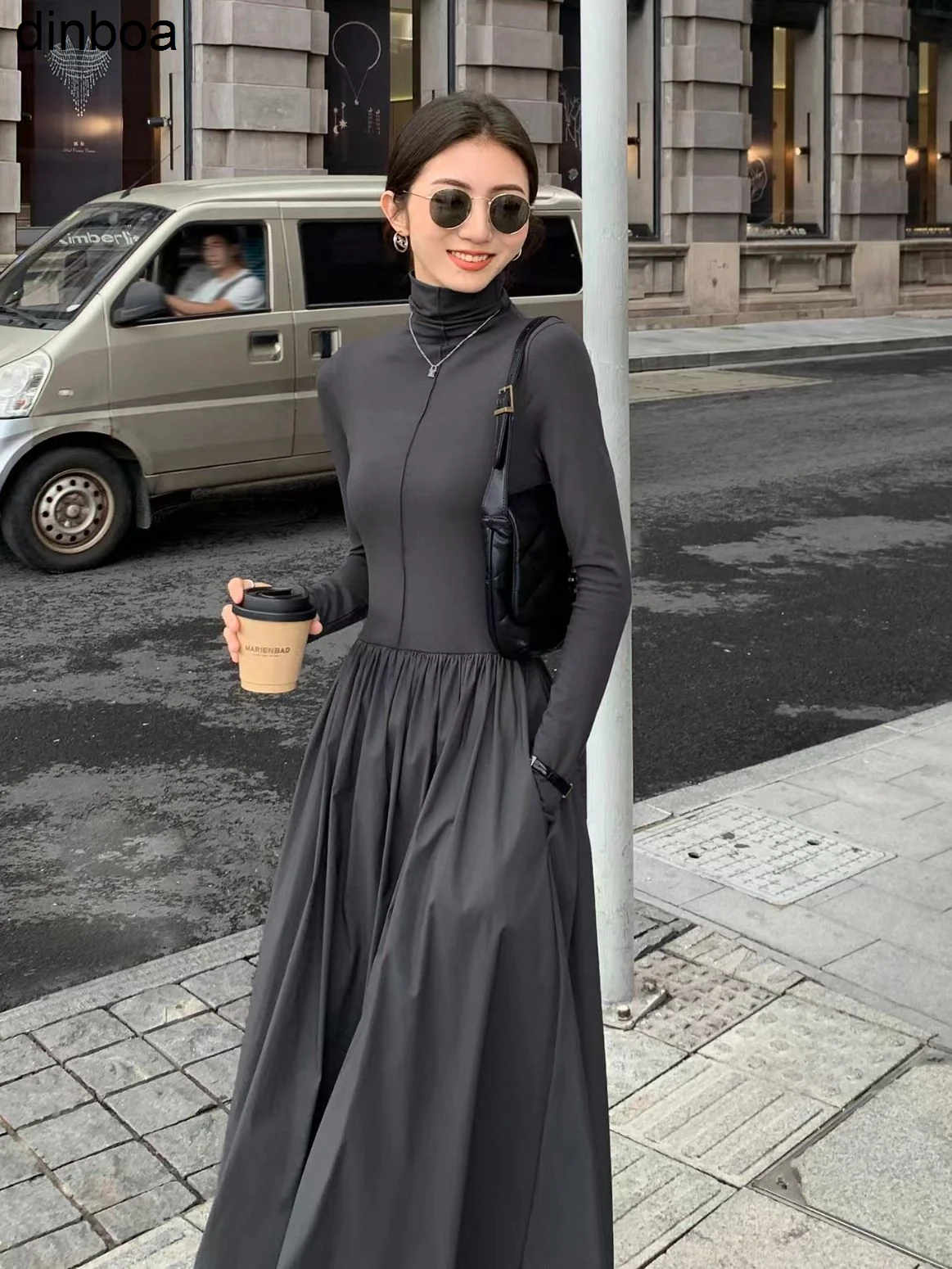 

Dinboa-2022 Winter Dress Women Elegant Midi a Line Turtleneck Dress Female Vestdios Office Lady Bodycon Fashion Slim Clothes