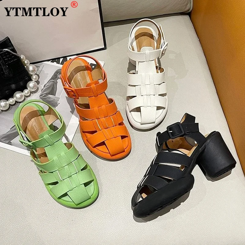 

2022 Summer New Products Round Head Open Toe Side Air Waterproof Platform Square Buckle Thick Heel Super High Heel Sandals Women