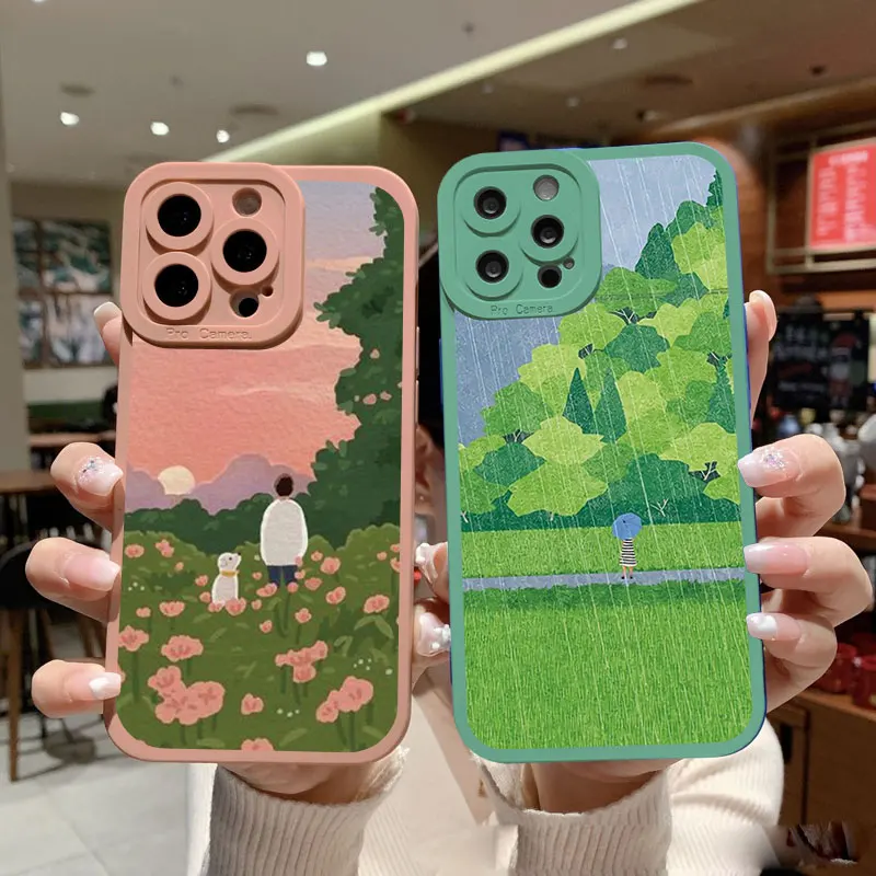 

Scenery Girl Cute Illustration Phone Case For iPhone 14 13 12 11 Pro Max SE 2020 7 8 14 Plus XS X XR Soft Silicone Cover Fundas