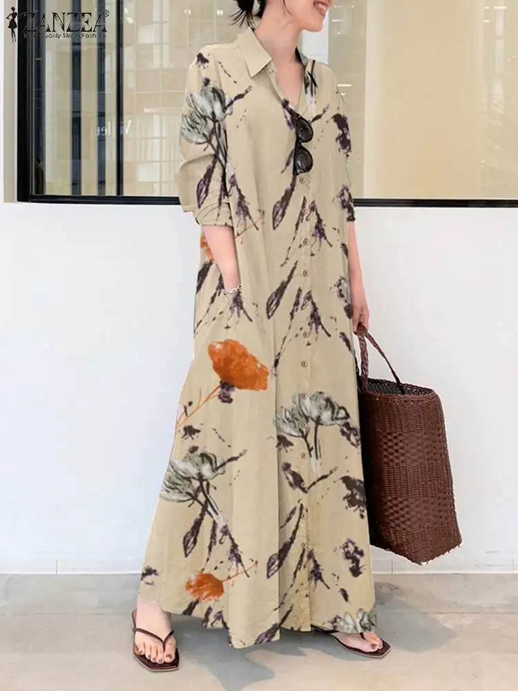 

Autumn Long Shirt Dress 2023 ZANZEA Floral Printed Long Sleeve Sundress Women Lapel Neck Buttons Maxi Vestido Robe Femme Katfan