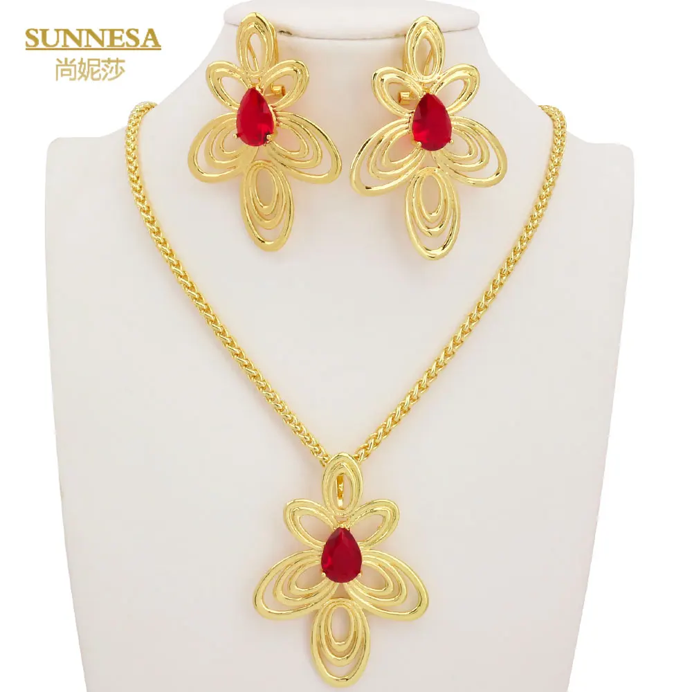 

SUNNESA Luxury African Wedding Jewelry for Women Red Zircon Necklace Dubai Flower Design Drop Earrings Golden Jewellery