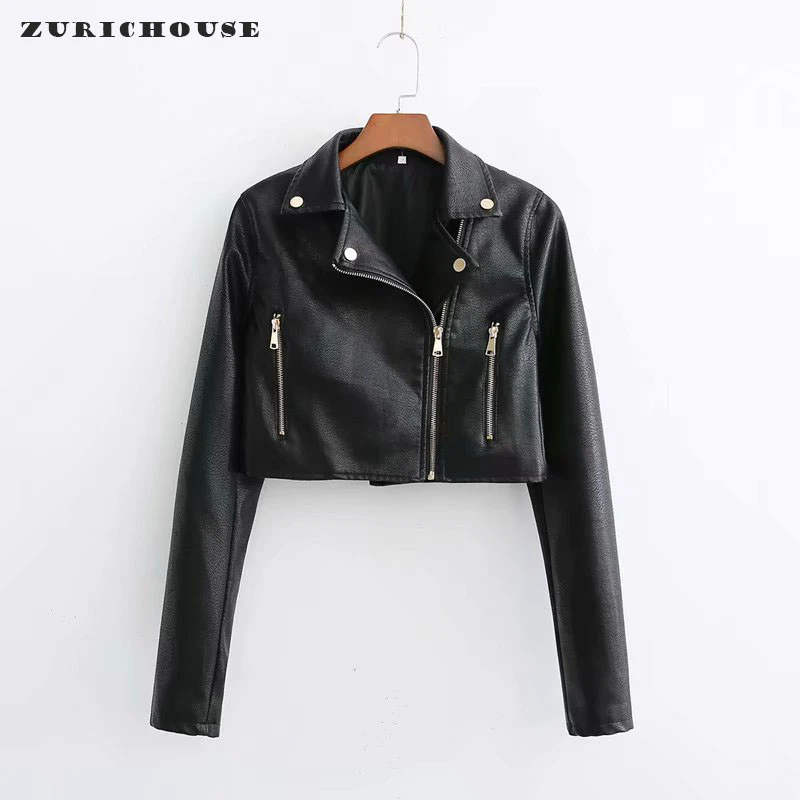 Enlarge ZURICHOUSE Black PU Leather Jacket Women Sexy Slim Cropped Coat Fashion Long Sleeve High Waist Motorcycle Jackets