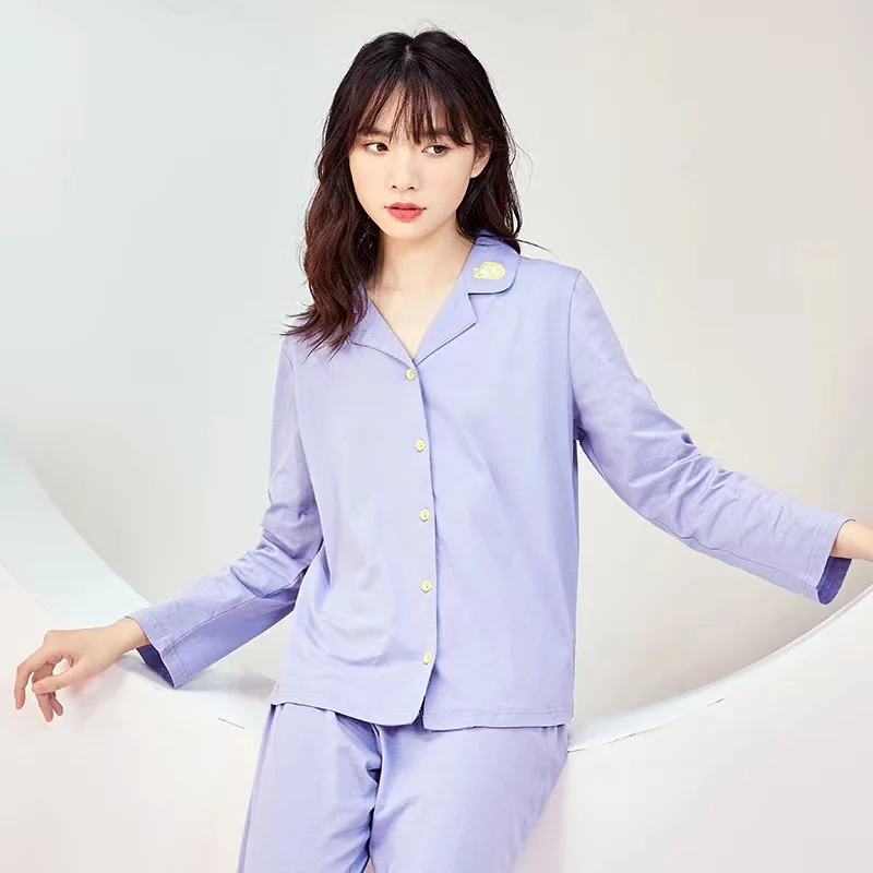 Spring / Summer New 100% Cotton Long-sleeved Trousers Ladies Pajamas Suit Plus Size Long Sleepwear Women's Home Nightwear