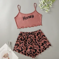 new honey letter print pajamas for women suspender top and leopard print bow shorts set pijamas women loungewear sleepwear
