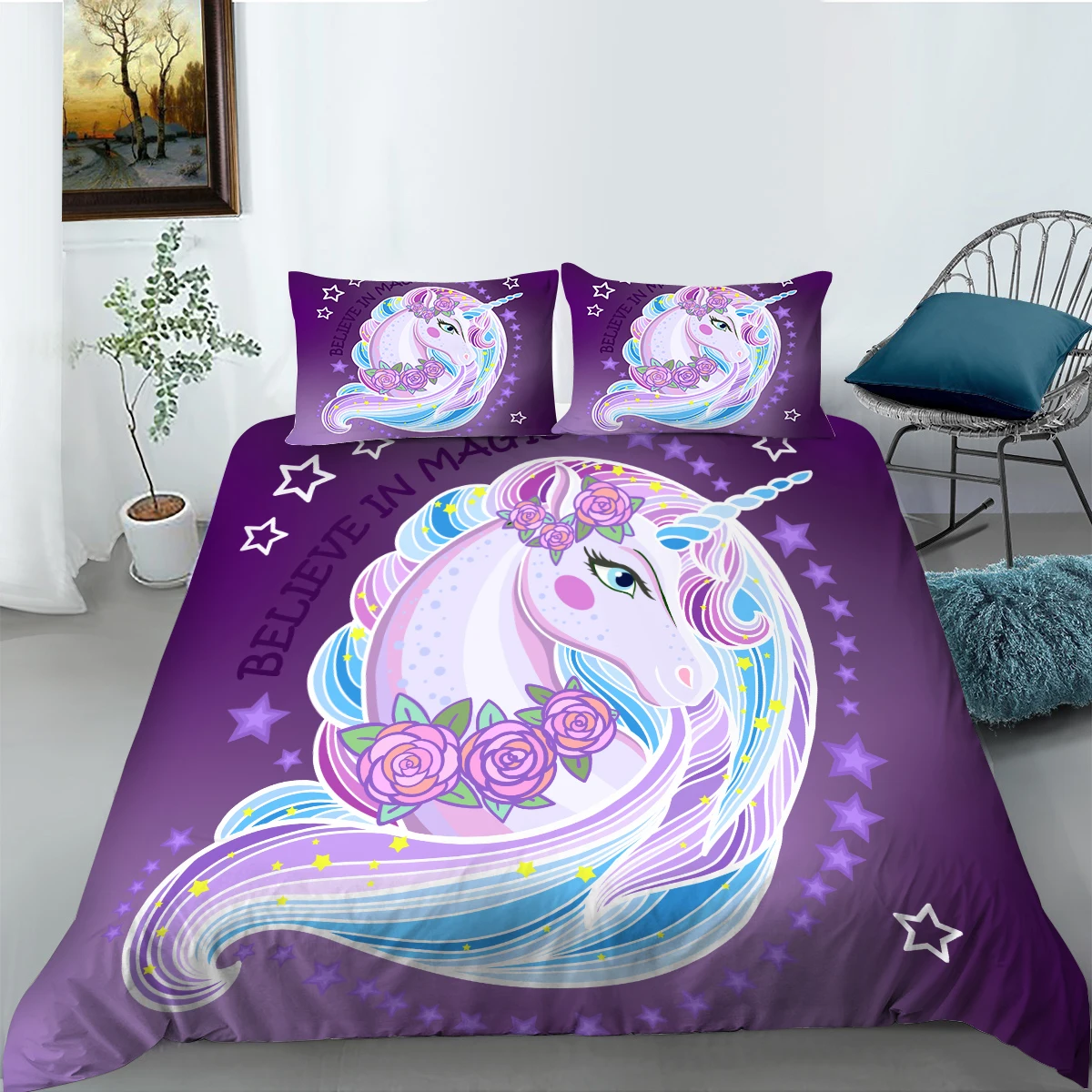 

Wholesale European Pattern Hot Sale Soft Bedding Set 3d Digital Unicorn Printing 2/3pcs Duvet Cover Set ES/DE/EU/AU/US Size
