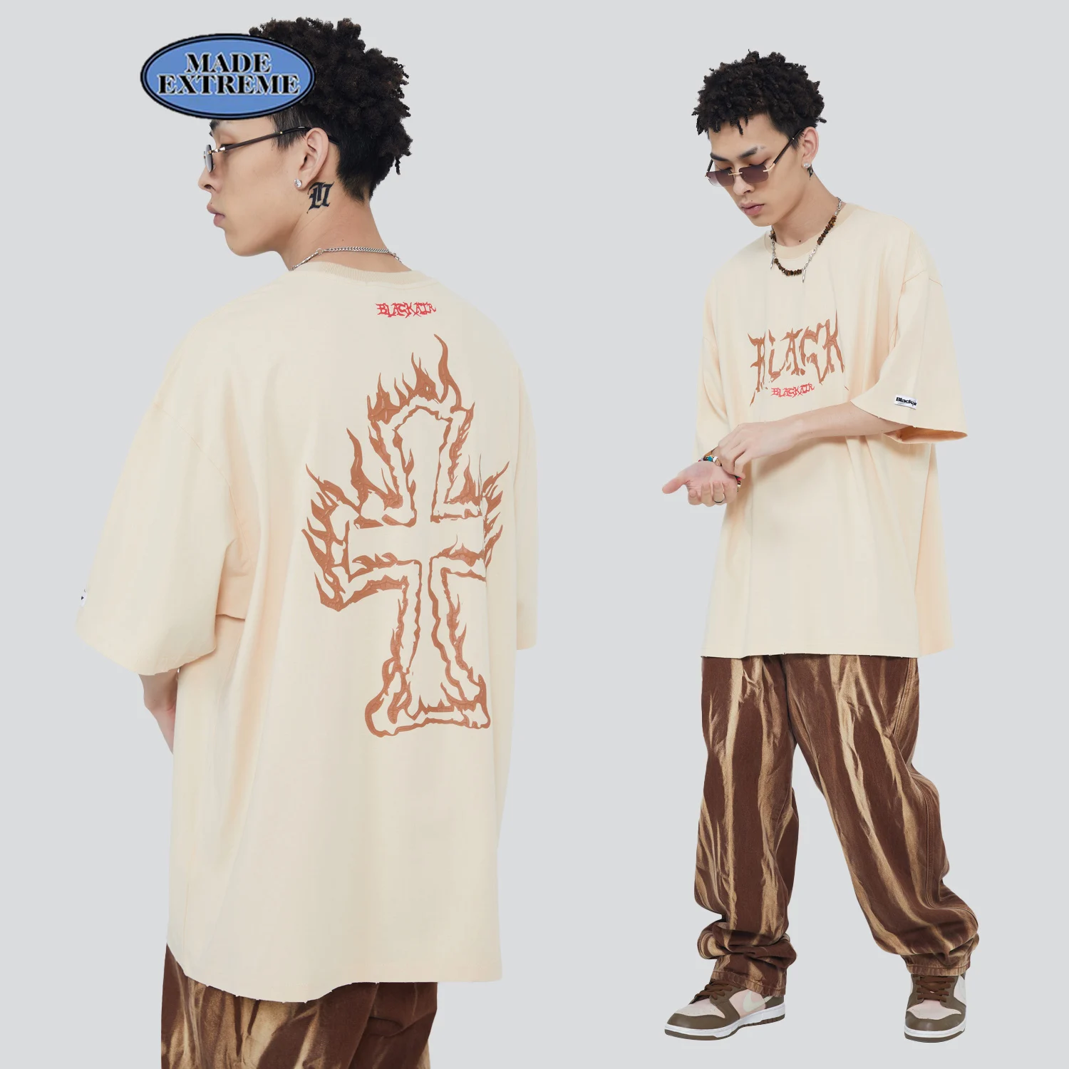 BLACKAIR Flame text short sleeve t shirts high street retro casual shirt men oversized gothic tops graphic tees streetwear |