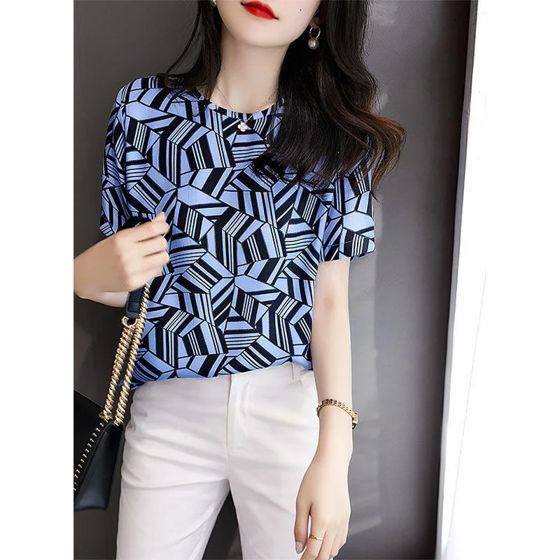

2022 New Summer O Neck Chiffon Short Sleeve Shirt Women t-shirt Fashion Korean Style Patchwork t shirt