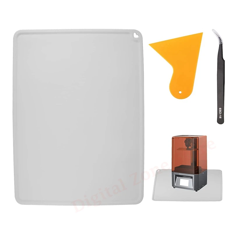 Водонепроницаемый силиконовый коврик для 3D-принтера со скребком, пинцетом, инструментами для очистки или переноса смолы, 16x12 дюймов, для смолы SLA DLP LCD