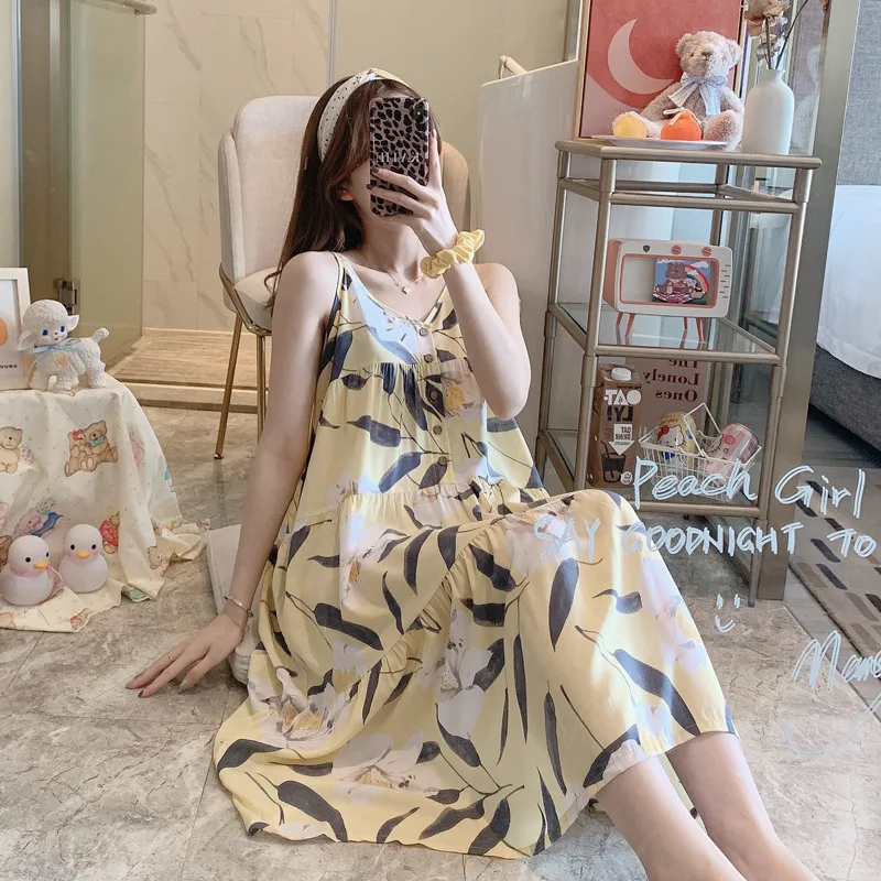 Ladies Nightdress Summer Faux Cotton Printed Sling Pajamas Pregnant Women Summer Large Size Homewear