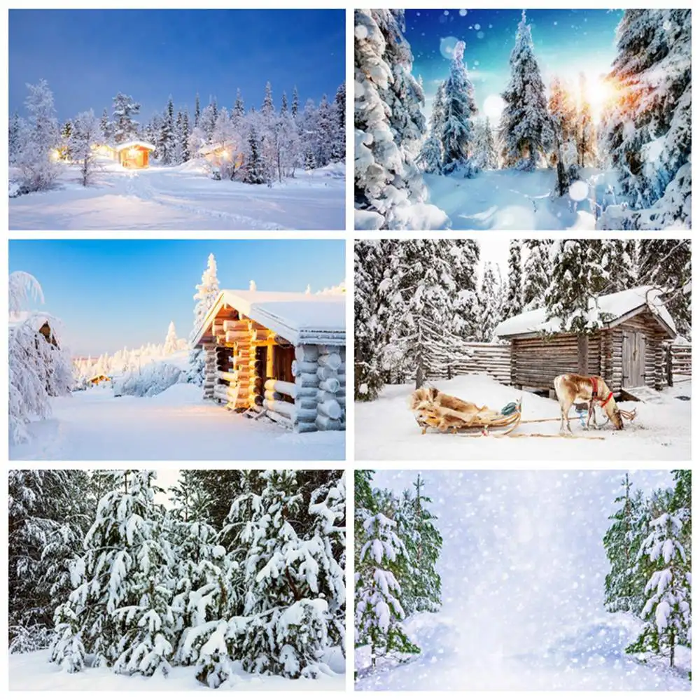 

Winter Snow Forest Wooden Cabin Scenic Photography Backdrops Custom New Year Party Decoration Photo Booth Studio Backgrounds