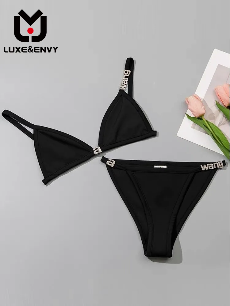 LUXE&ENVY Wang 2023 Spring And Summer New Crystal Letter Decorative Bikini Rimless Underwear Swimsuit Set