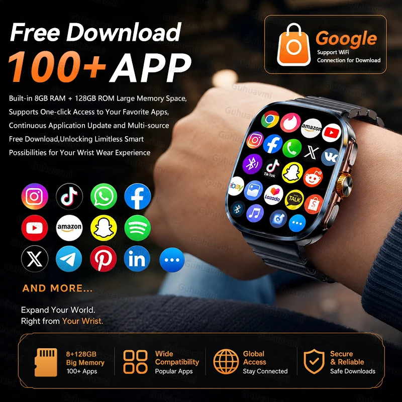 Фото Умные часы с поддержкой всех сетей 5G/4G, 8 ГБ+128 ГБ памяти, HD-камера 1000 МП, GPS, Wi-Fi, Bluetooth, звонки, загрузка более 100 приложений, мужские умные часы 2026. №5