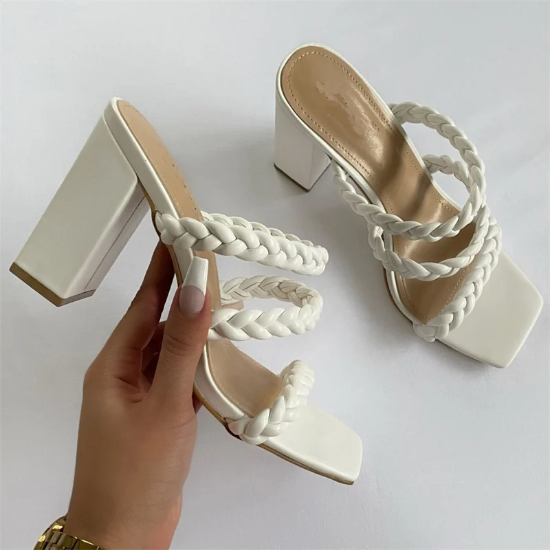 

2022 Summer Women 11cm High Heels Sandals Weave Leather Slides Lady Mules Chunky Block Heels Slippers Casual White Fetish Shoes