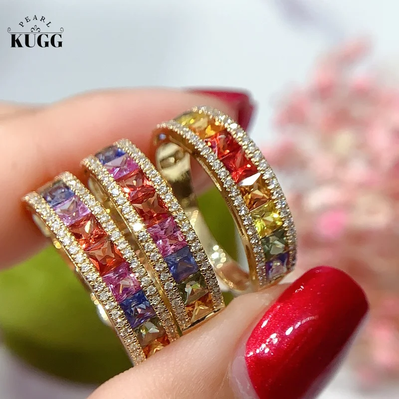 KUGG 18K розовое золото кольца настоящий Натуральный аквамарин Блестящий Rianbow Стиль Изысканный широкий дизайн обручальные ювелирные изделия для женщин