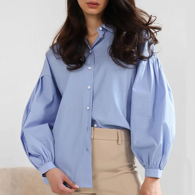 

White Blouse Puff Sleeves Loose Tops Women 2023 Spring Fashion Lapel Long Sleeve Blue Button Up Shirt Lady Office Career Shirts
