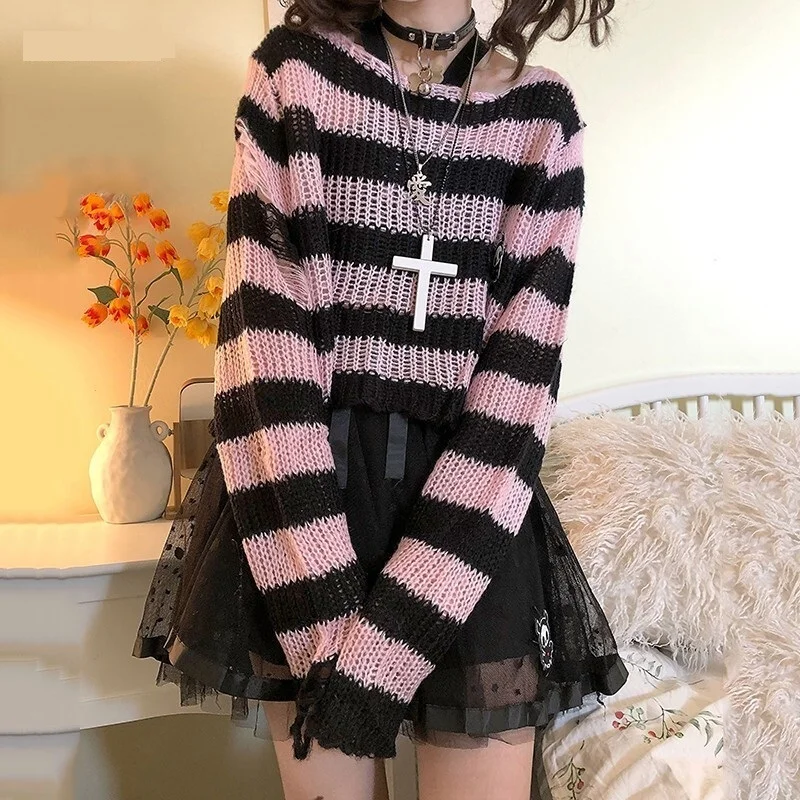 

Y2K Pink Striped Gothic Sweaters Women Ripped Holes Loose Knitted Pullover Frayed Fairy Grunge Jumpers Emo Streetwear Lolita