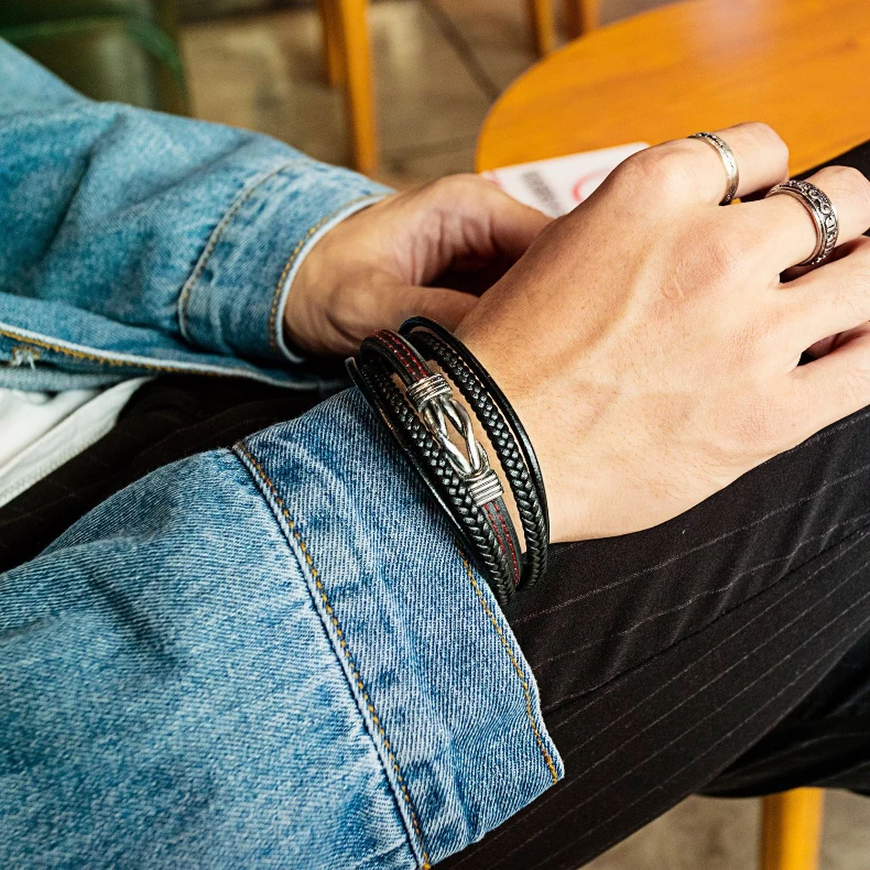 Мужской кожаный браслет с магнитной застежкой из нержавеющей стали | Украшения и