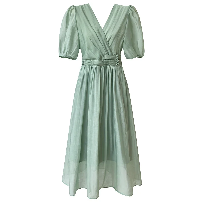 

2023 Spring Summer Women Long Dress Elegant V-neck Puff Sleeve High Waist Solid Color Female A-line Midi Dresses