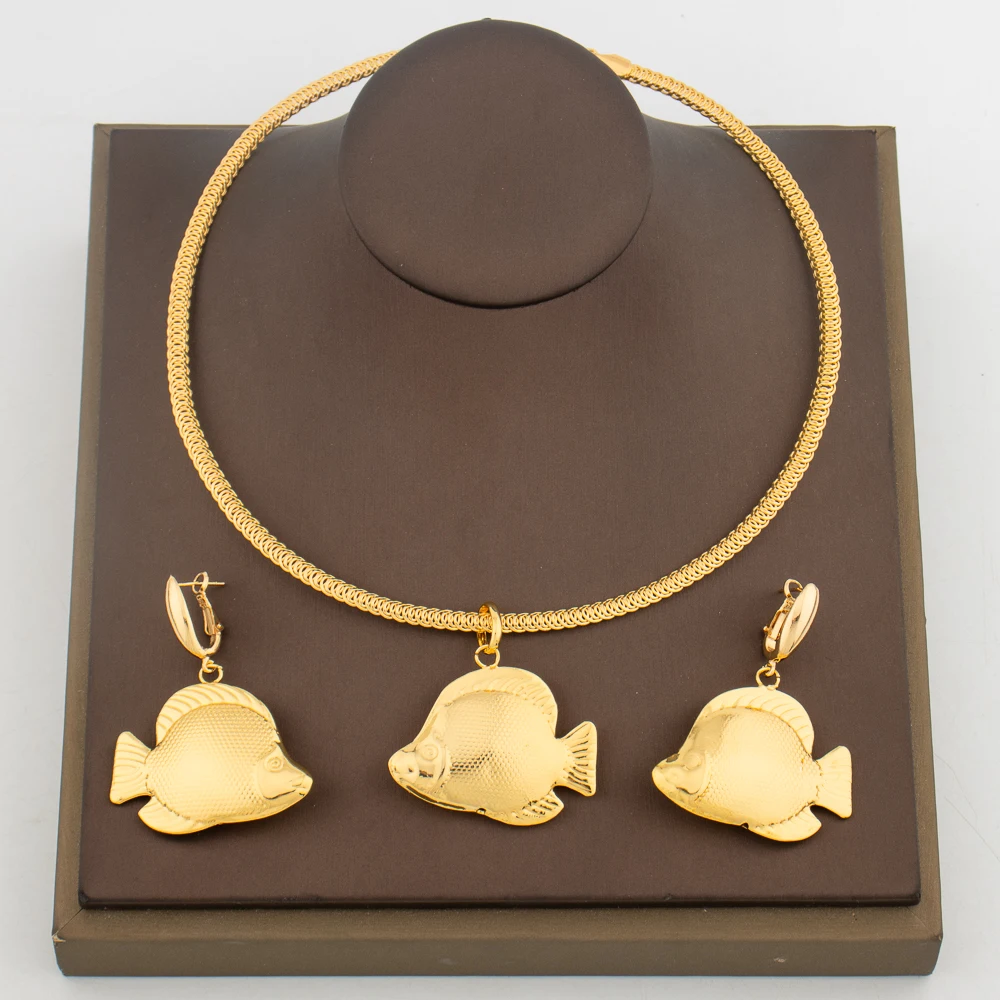 

Cute Fish Deisgn Necklace Jewelry Set Gold Color Statement Earrings and Pendant Necklace African Dubai Accessory Daily Wear Gift