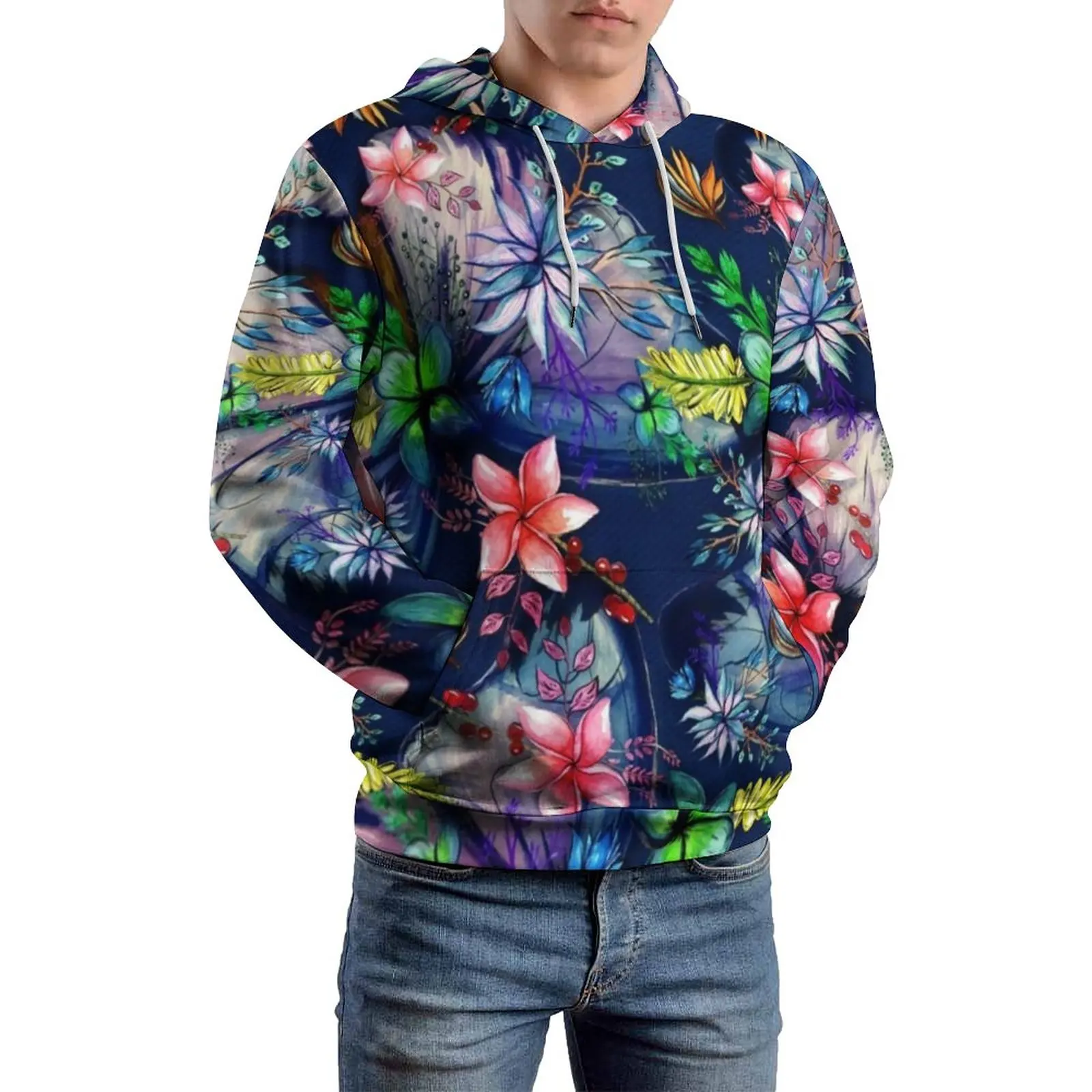 

Повседневные толстовки с тропическим цветочным принтом и длинным рукавом, забавная Осенняя толстовка с капюшоном с цветочным принтом, своб...