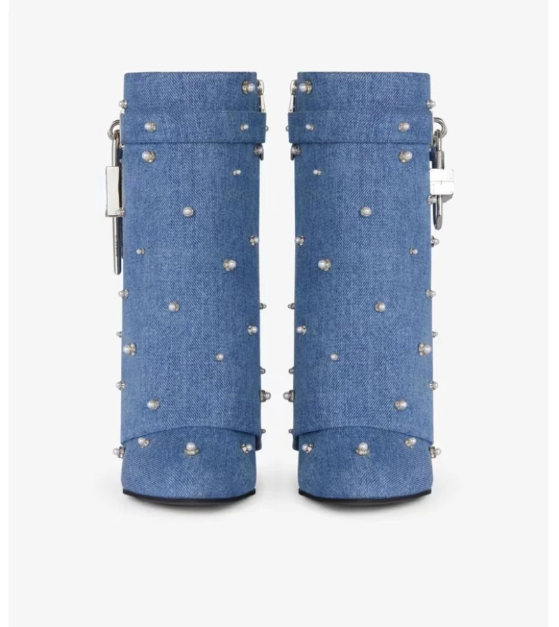 2023 Spring and Autumn Oversized Jeans Pipe Boots Metal Lock Blue Boots with Diamond Round Toe High Heel Boots Mid Sleeve Boots