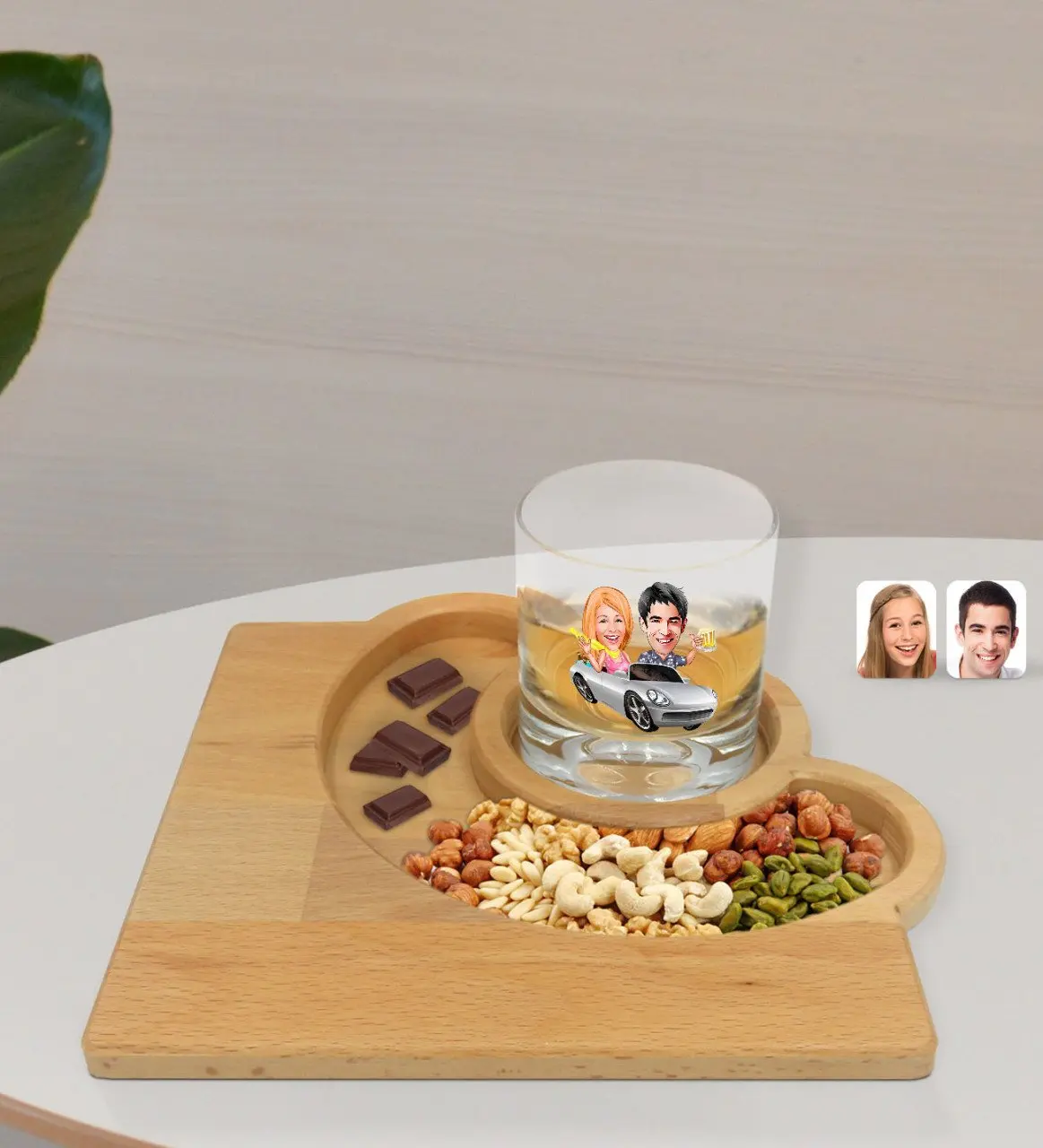 

Personalized Valentine Karikatürlü Whisky Cup and Natural Solid Wood Half Month Presentation Tabağı Confectionary Gift Seti-53