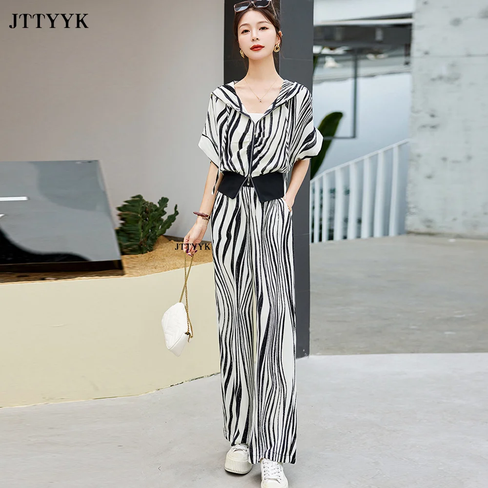 

2023 Spring Summer Two-piece Set Women New Casual Thin Hooded Short Sleeve Top + High Waist Long Wide Leg Pants Suit Femme 2PCS