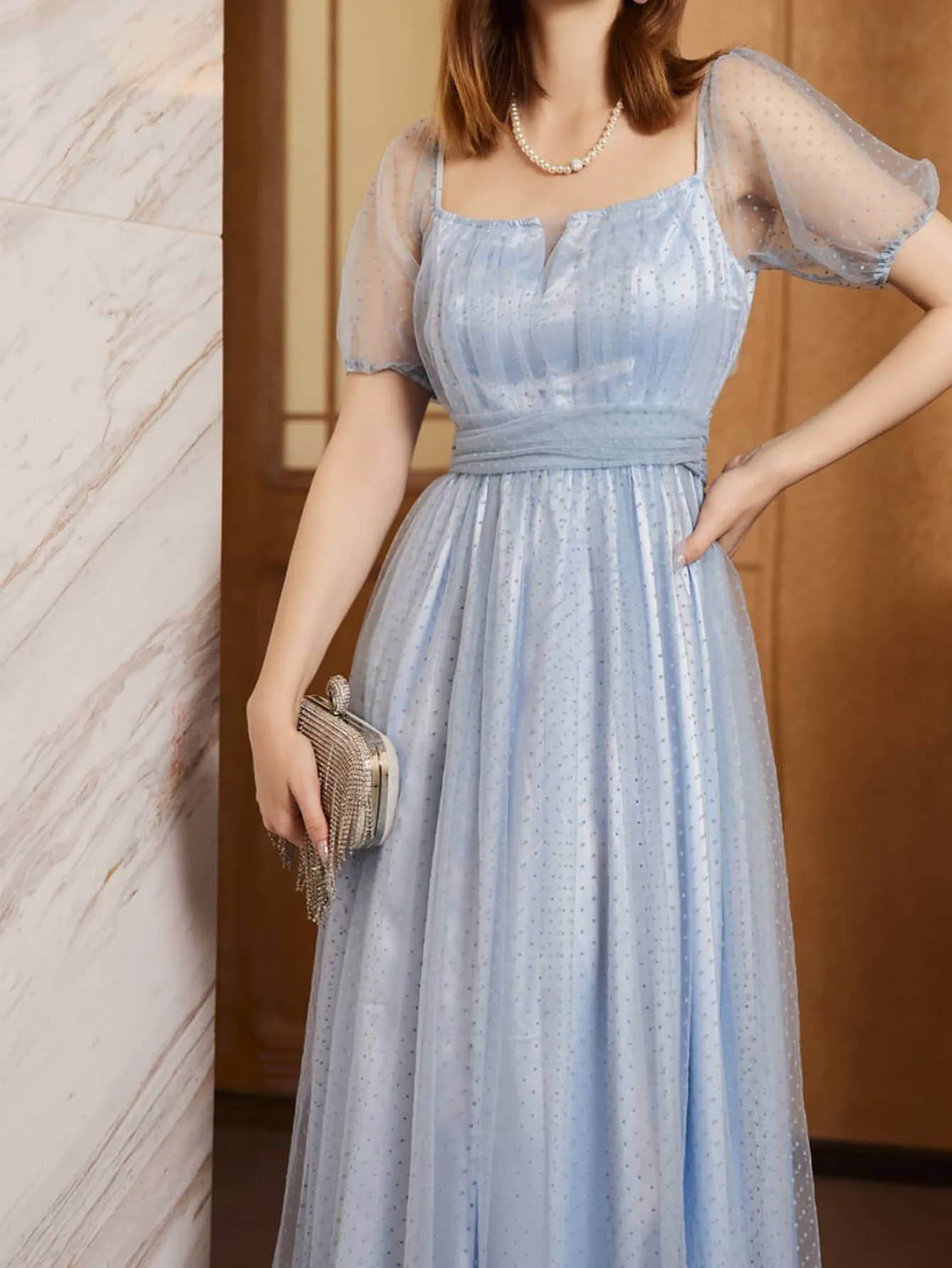 

Party Long Dress for Women Summer Elegant Short Sleeve Square Collar High Waist Corset Cocktail Evening Floor Length Dress