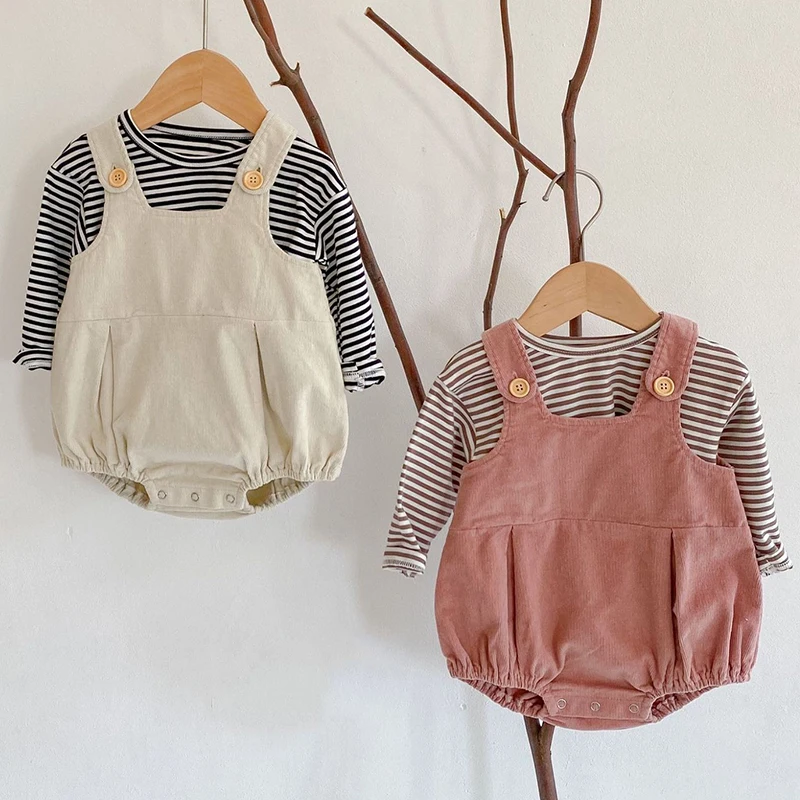 Korean Style Spring Autumn Newborn Baby Girl Clothing Suit Striped Long Sleeve T-shirt+Corduroy Rompers Children Clothes Set