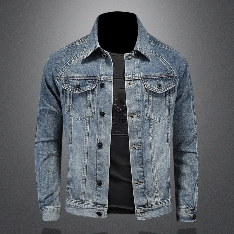

Высокое качество, джинсовые куртки для мужчин, сплошной цвет, отложной воротник, Мужская модная Джинсовая Верхняя одежда, однобортное байкерское пальто для мужчин