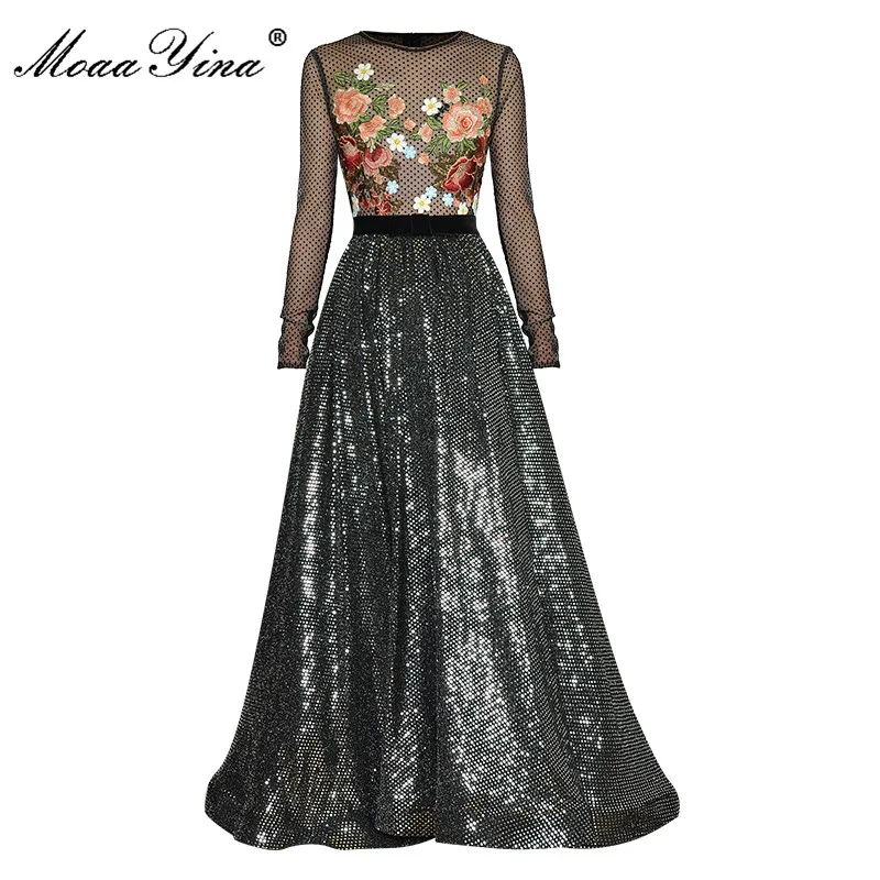 MoaaYina Designer Fashion Summer Long sleeve polka dot Flower Embroidery Party Dress Black Lady Luxury Glitter Sequin Dress 2023