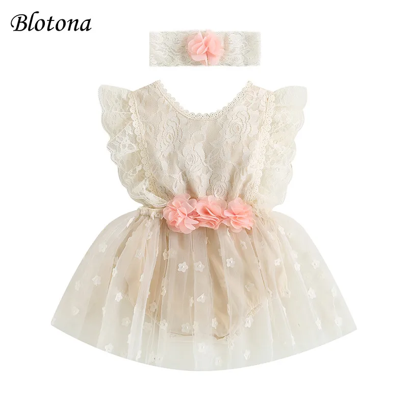 

Blotona Baby Girl 2Pcs Summer Outfits, Sleeveless Backless Lace Romper Dress with Headband Set 0-18Months