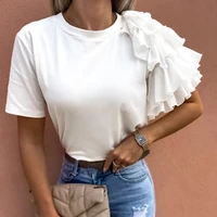 women blouses pleats t shirts summer elegant layered ruffle short sleeve asymmetric loose falbala sleeve pullover stranger thin