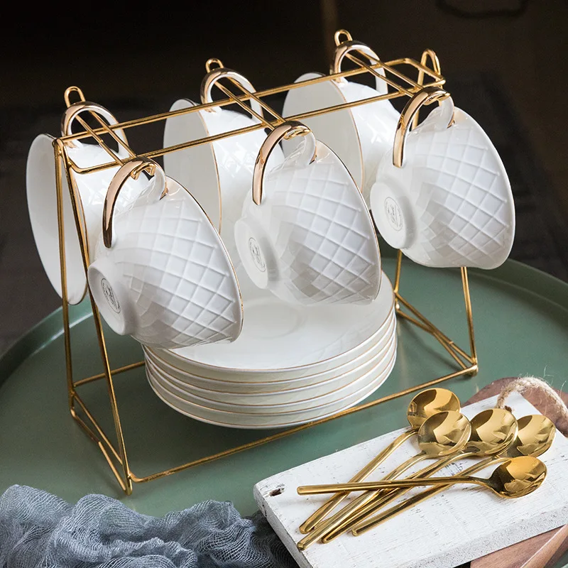 

6pcs/set European Style Brief Painting Gold Coffee Cup Afternoon Tea Cup Home Office Mug with Saucer and Spoon Handle Cup Gift