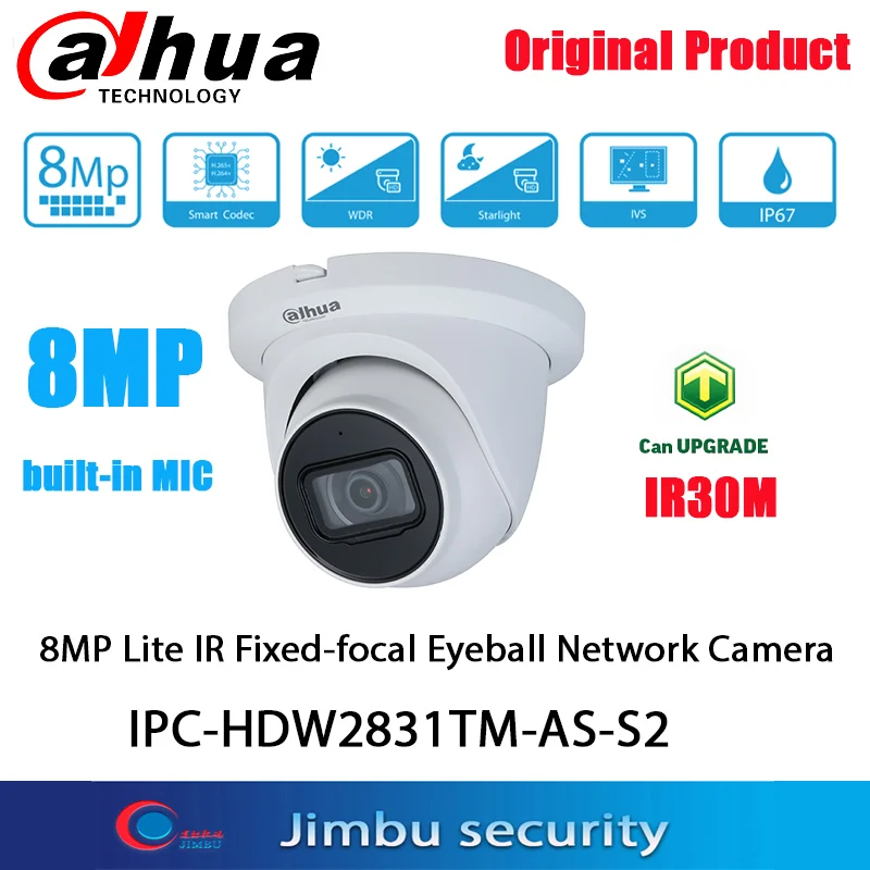 

Dahua 8MP 4K IPtv Camera IPC-HDW2831TM-AS-S2 H.265+ IR30M Support SD Card built-in MIC POE Indoor Eyeball Network Camera