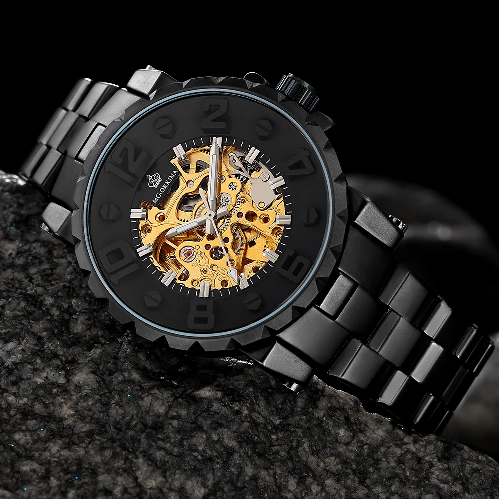 

2022 New's MG.ORKINA Men Luxury Heavy Watches Gold Skeleton Black Stainless Steel Automatic Mechanical Wristwatches Reloj Hombre