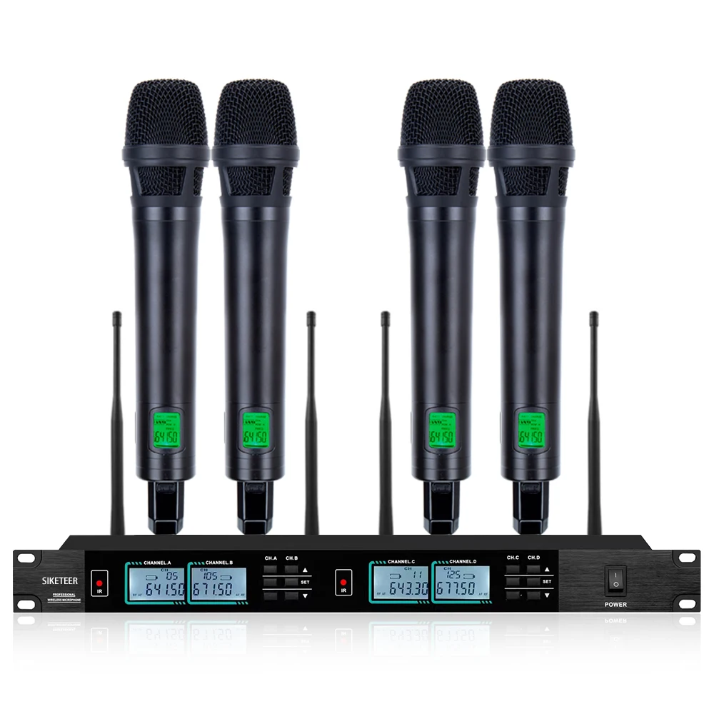 

Professional Wireless UHF Microphone System 4 Handheld Full Metal Housing Microphone Stage Performance Church Microphone