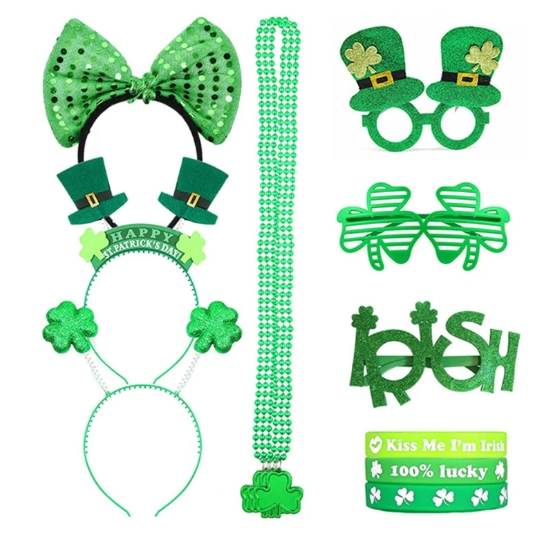 

Girl St Patricks Day Shamrock Headband Punk Bangles&Beads Necklace&Glasses Set