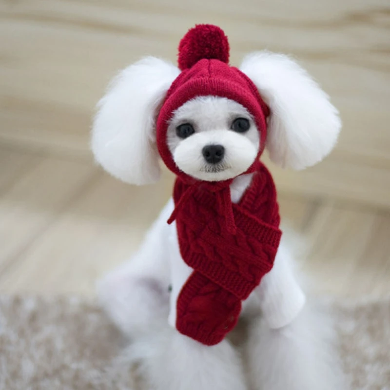 

Hat for Dogs Winter Warm Stripes Knitted Hat Scarf Collar Puppy Teddy Costume Christmas Clothes Santa Dog Costumes