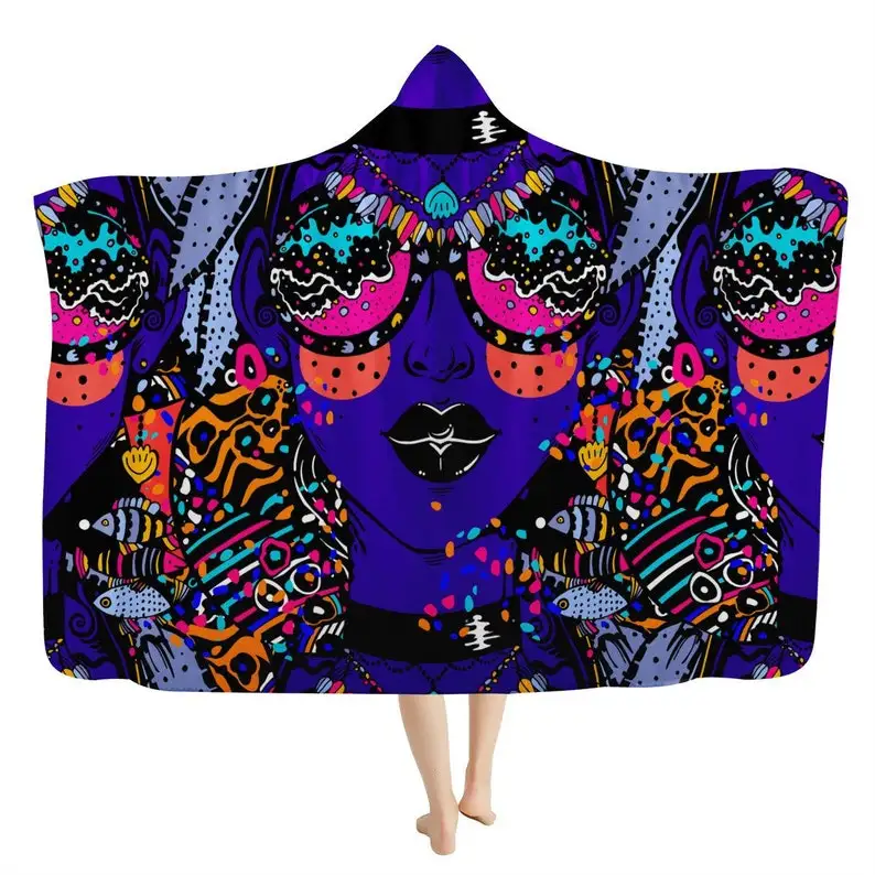 

Psychedelia Hippie Lady Hooded Blanket - Gypsy Wearable Sherpa Blanket, Hippie Throw Blanket, Groovy Blanket, Hippie Fashion