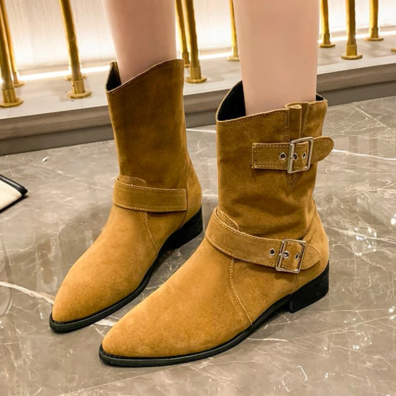 

Suede Women Ankle Pointed Toe Chelsea Boots Chunky Goth Gladiator Shoes for Women 2024 New Brand Fashion Motorcycle Boots Mujer